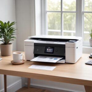 A sleek, modern all-in-one printer in a minimalist home office setting. The printer is white with a small color touchscreen, located on a clean wooden desk with a laptop and a cup of coffee. Soft, natural light streams in from a window. The overall vibe is productive and efficient.