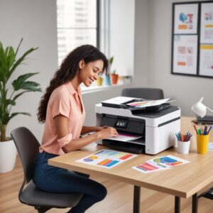 A sleek, modern all-in-one printer in a home office setting, with a person smiling while printing a colorful document. The printer is shown performing multiple functions like scanning and copying, emphasizing its versatility.