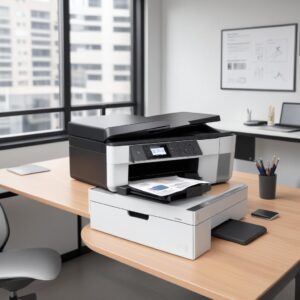 A sleek, modern all-in-one printer in an office setting, showing its multi-functionality with printing, scanning, and copying features. The design is minimalist and efficient.
