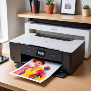 A sleek, modern all-in-one printer with a vibrant photo being printed from its output tray. The printer has a touchscreen interface and is wirelessly connected to a smartphone.