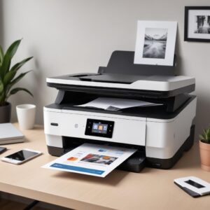 A sleek, modern all-in-one printer with a small photo being printed from it. The printer is on a clean desk with a laptop and a smartphone connected wirelessly.