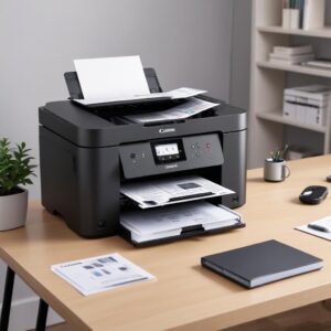 A sleek, modern black Canon Maxify Megatank All In One Printer GX7060 placed on a clean desk with a laptop and some documents, emphasizing its compact design and professional look.