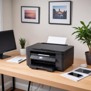 A sleek, modern black all-in-one laser printer on a minimalist desk, connected wirelessly to a laptop, with a smartphone displaying a print command, against a brightly lit home office background.