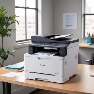 A sleek, modern color laser printer all-in-one sitting on an office desk, printing colorful documents. The printer looks clean and well-maintained.