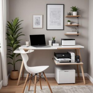 A sleek, modern home office setup with a multi-functional printer on a desk, a laptop, and some documents. The printer is compact and stylish, blending into the home decor.