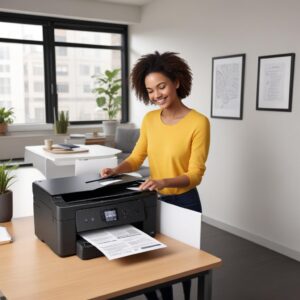 A smiling person happily using a new