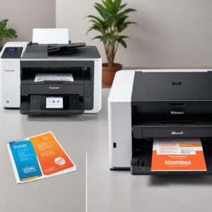 A split image comparing an inkjet printer (left) and a laser printer (right). The inkjet side shows vibrant photo prints and ink bottles, while the laser side shows crisp black and white text documents and a toner cartridge. The background subtly highlights their respective uses.