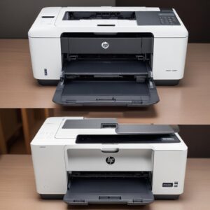 A split image comparing the design aesthetics of a typical HP All-in-One printer (modern, compact) on one side and a typical Canon All-in-One printer (slightly more robust, excellent photo output) on the other, with a question mark in the middle symbolizing user choice.
