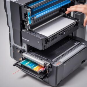 A split image showing the internal workings of an Inkjet printer on one side (showing tiny ink nozzles spraying) and a Laser printer on the other side (showing toner cartridge and heated fuser roller). The image highlights the difference in technology for an All In One Printer, with text overlays explaining Inkjet vs. Laser.