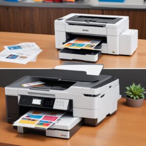 A split image showing two different Brother All-In-One printers. One is an inkjet printer, smaller and colorful, with vibrant printed photos next to it. The other is a laser printer, slightly larger, with stacks of neatly printed black and white documents.