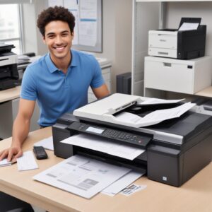 A split image showing two scenarios: on one side, a cluttered desk with separate printer, scanner, and copier, looking stressed. On the other side, a tidy desk with a single All In One Printer, a person smiling and easily managing documents.