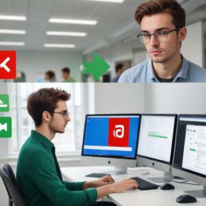A split image showing two scenarios: on the left, a frustrated person looking at a computer screen with an error message about a failed download; on the right, a calm person successfully downloading a file with a green checkmark. The left side uses a red error theme, while the right side uses a blue success theme. Both scenarios involve a Kodak printer in the background.