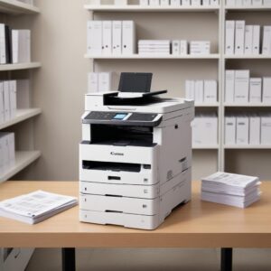 A stack of neatly printed documents coming out of a Canon All-in-One Laser Printer, symbolizing efficiency and high-quality output. The printer is shown in a clean, organized office environment.