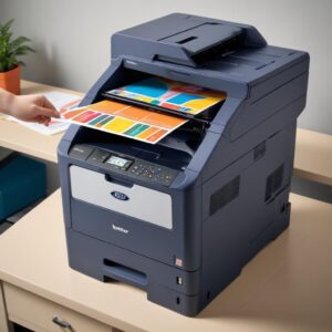 A stack of vibrant, professionally printed color documents coming out of a Brother All-in-One Color Laser Printer, demonstrating high-quality output.