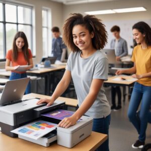A student happily printing a colorful document from their Brother J1010dw printer, with other students in the background using laptops and smiling. The scene evokes productivity and ease of use.