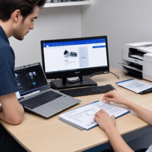 A user sitting at a desk, operating a laptop with a printer resetter software interface open on the screen. An Epson printer is visible in the background, connected to the laptop.