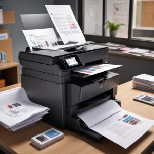 A vibrant collage illustrating the various functions of an all-in-one printer: a document being printed, a document being scanned into a computer screen, and a stack of papers being photocopied. The HP logo is subtly integrated.