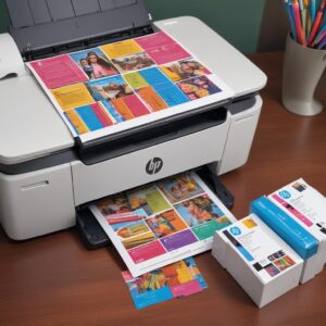 A vibrant, detailed image of printed photos and colorful documents coming out of an HP All-in-One Inkjet Printer, showcasing the high-quality color output. Next to it, a set of genuine HP ink cartridges are visible, emphasizing the importance of original supplies.