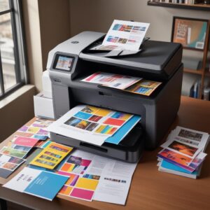 A vibrant, detailed photograph of a stack of freshly printed colorful photos and sharp text documents coming out of an HP all-in-one printer, showcasing its high-quality output for various media.