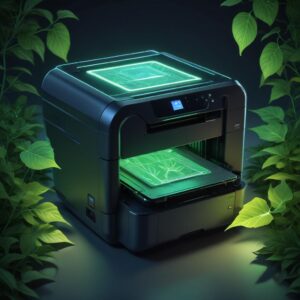 A vibrant, futuristic depiction of an All In One Printer with glowing lines, suggesting advanced AI and IoT integration, surrounded by green leaves to symbolize eco-friendliness.