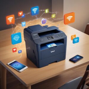 A vibrant graphic showing various connectivity icons (Wi-Fi, Ethernet, smartphone icon) seamlessly connected to a Brother All-in-One Laser Printer, emphasizing its versatile connectivity options.