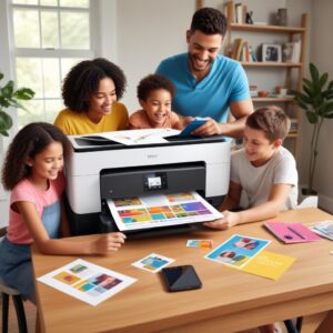 A vibrant illustration of a family happily using a modern, sleek all-in-one inkjet printer at home, printing colorful photos and documents. The printer is shown wirelessly connected to a smartphone and laptop.