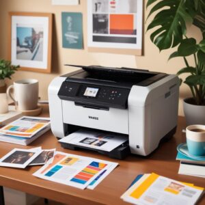 A vibrant illustration showing a sleek, compact All-in-One inkjet printer next to a stack of color photos, documents being scanned, and a coffee mug, representing home or small office use. The background is a warm, inviting living room or cozy office space.
