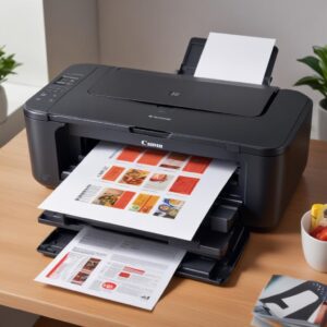 A vibrant photo and a sharp text document being printed simultaneously by the Canon Pixma TS5150, showcasing its high-quality output for both images and text.