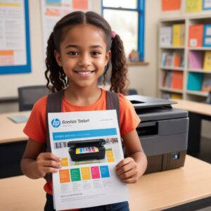 A vibrant photo of a young student proudly holding a freshly printed colorful report from the HP Smart Tank 580 All-in-One Printer. The printer is in the background, subtly in focus, emphasizing its role in helping with academic tasks.