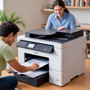 An Epson L15160 printer actively printing colorful documents, with a happy user looking on, signifying the successful resolution of the printer error and its return to full functionality after using the resetter.