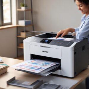 An Epson L15180 printer printing a colorful document smoothly, with a happy person looking at it in the background, implying satisfaction after the reset process.