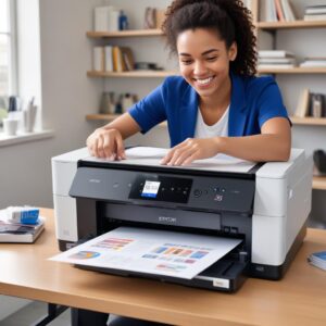 An Epson L6290 printer smoothly printing a colorful document, with a relieved and happy user smiling in the background. The printer looks well-maintained and clean, implying a successful reset and good care.