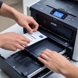 An Epson WF-M5799 printer with flashing error lights, a computer screen showing a