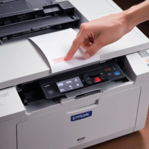 An Epson printer with a red error light blinking, indicating a paper jam and low ink, with a hand pointing towards the indicator lights.