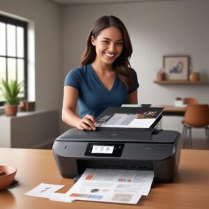 An Hp Officejet 250 Mobile All-in-One Printer actively printing a document, with a satisfied user smiling in the background, symbolizing seamless productivity and ease of use.