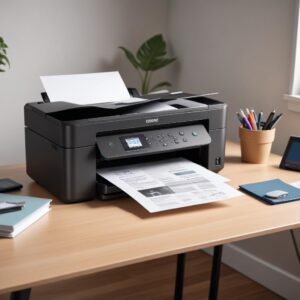 An Inkjet All In One Printer sitting neatly on a desk in a home office setting, next to a laptop and some documents. The printer has a sleek design.