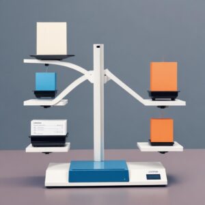 An abstract, symbolic image illustrating a balanced scale, with an All-in-One printer on one side and a Laser Printer on the other, representing the comparison and decision-making process. The scales are balanced, suggesting the choice depends on individual needs.