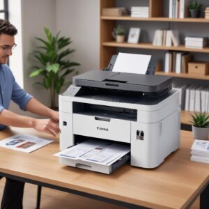 An action shot of the Canon Maxify Megatank GX7060 printing rapidly, with paper coming out of the output tray, showcasing its speed and efficiency in a busy office or home office setting.