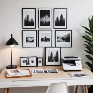 An aesthetically pleasing arrangement of framed printed photos on a desk, next to a sleek, minimalist photo printer.