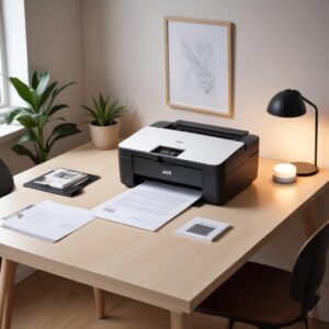 An aesthetically pleasing home office setup with a sleek, modern All In One Printer Jiji placed neatly on a desk next to a laptop. The printer is compact and stylish, blending into the minimalist decor. A person's hand is seen just about to place a document on the scanner bed. The lighting is soft and natural.