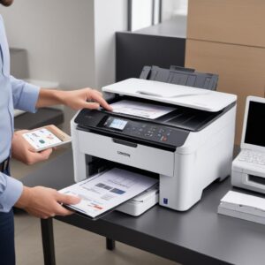 An all-in-one printer performing multiple functions simultaneously: a document is being scanned on the ADF, another document is being printed from the output tray, and a smartphone is wirelessly connected to the printer, illustrating its multi-functionality and connectivity.