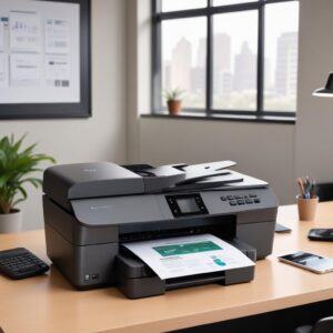 An elegant, modern HP OfficeJet Pro 9125e All-in-One printer sitting on a clean office desk, with a laptop and a smartphone nearby, illustrating its connectivity.