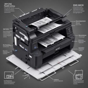 An exploded view diagram of the Epson XP 3200 All In One Printer Zwart, highlighting key components like the print head, ink cartridges, and paper tray, with arrows indicating maintenance points.