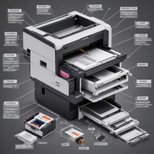 An exploded view diagram showing the internal components of both an inkjet and a laser all-in-one printer, with labels pointing to the print head/toner cartridge, paper tray, scanner lid, and control panel. The style should be informative and technical but visually appealing.