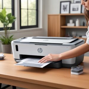 An eye-level shot of the sleek, modern white and gray HP Smart Tank 580 All-in-One Printer sitting on a clean wooden desk. A person's hand is visible next to the clear ink tanks, indicating ease of checking ink levels. The background is softly blurred, showing a contemporary home office setting.