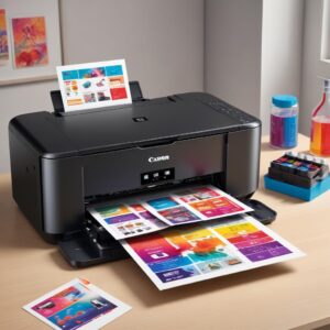 An illustration of a Canon All-in-One printer, specifically a PIXMA series, showcasing vibrant photo prints emerging from its output tray. The printer has a touch screen and is surrounded by colorful ink bottles, indicating its refillable ink system.
