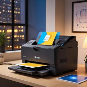 An illustration of a Kodak All-in-One printer connected via USB to a modern laptop running Windows 11, with a glowing blue light indicating successful connection. The printer is shown printing a colorful document.