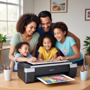 An illustration of a happy family printing colorful photos from an Epson EcoTank printer, showing joy and ease of use.