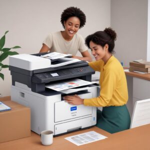 An illustration of a happy person using a perfectly working Epson printer, printing documents smoothly, with a relieved expression.
