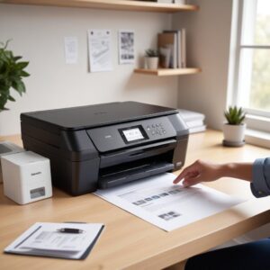 An illustration of a modern Brother All-in-One Inkjet Printer with a sleek design on a clean desk. A hand is placing a document on the scanner bed. There are subtle icons for Wi-Fi and mobile printing floating around it. The background is a soft, blurred home office setting.